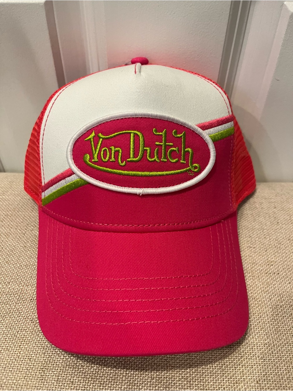 NWT Von Dutch Women's Hot Pink, White & Lime Logo Trucker Hat